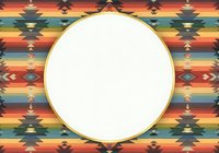 Colorful geometric tribal pattern with gold-rimmed circular frame on white background, isolated design element suitable for invitations, posters, and merchandise applications.