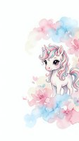 Cute cartoon unicorn with rainbow mane surrounded by pastel watercolor flowers and clouds on white background for children design projects.