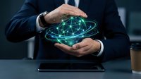 Businessman hands protecting holographic global network sphere with connected nodes representing digital connectivity and cybersecurity technology solutions.