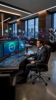 Professional businessman working with futuristic holographic technology in modern office with city skyline view for business innovation concepts.