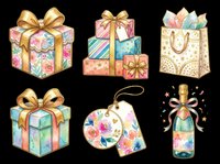 Colorful gift boxes with gold ribbons and bows, shopping bag, gift tags, and champagne bottle isolated on transparent background. Ready for t-shirts, stickers, clipart, sublimation, and print-on-demand designs.