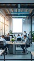 Modern open office workspace with diverse business team collaborating at desks with blank presentation screen for corporate meetings and teamwork.