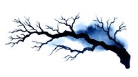 Dramatic watercolor tree branch silhouette against misty blue background, bare winter twigs stretching across horizontal composition, artistic nature illustration.
