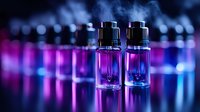 Glass vials with purple and blue liquid on reflective surface against dark background with bokeh lights, creating modern laboratory or cosmetic product mood.