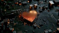 Glowing heart shape on computer circuit board with orange light effects and bokeh. Digital love concept representing technology and emotion connection.