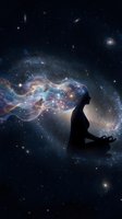 Silhouette of woman meditating in lotus pose surrounded by cosmic nebula and stars creating spiritual connection with universe for mindfulness concepts.