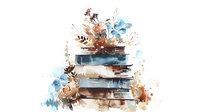 Stack of old vintage books with watercolor splashes and autumn leaves for literary education and reading concepts.