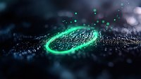 Glowing green ring shape with sparkling particles on dark textured surface creates magical atmosphere with bokeh light effects and mysterious aura.