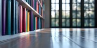 Row of colorful books on wooden shelf near window with natural light, low angle view showing reflective floor surface, selective focus creating depth effect.