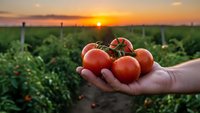 Fresh ripe red tomatoes in farmer hands at sunset over agricultural field. Organic vegetable harvest concept for healthy eating and sustainable farming.