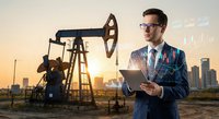 Professional businessman with digital overlay analyzing oil industry data at petroleum extraction site during golden hour sunset with city skyline background.