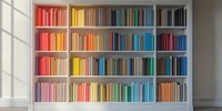 Colorful bookshelf with books arranged by spectrum colors from red to purple, creating rainbow effect in modern interior space.