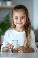 Young girl with long braided hair wearing white sweater smiles while holding glass jar with chocolate milk at kitchen table, natural lighting creates soft mood.