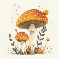 Orange spotted mushrooms with decorative leaves and grass elements on beige background, artistic nature illustration in warm autumn colors. Suitable for children books.