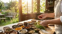 Person organizing colorful spices and herbs in small bowls on wooden table in sunlit kitchen with garden view for cooking preparation and culinary arts.