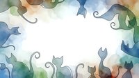 Watercolor cat silhouettes frame border with soft pastel colors creating decorative background for pet-themed designs and feline lover projects.