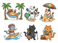 Cats relaxing on vacation, lounging in hammock with palms, traveling with globe and backpack, surfing, holding umbrella on beach, sitting with luggage. Isolated clipart on white background for t-shirts, stickers, and design projects.