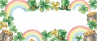 St. Patrick's Day watercolor frame with shamrocks, leprechaun hats, gold coins, rainbows and pots of gold on white background for greeting cards and designs.