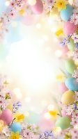 Colorful Easter eggs with spring cherry blossoms and daffodils create festive border frame on soft pastel background for holiday greeting cards and decorations.