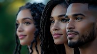 Young diverse African American friends looking forward with confident expressions against blurred natural background, representing unity and aspiration.