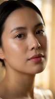 Close-up portrait of young Asian woman with natural makeup and glowing skin looking directly at camera with confident expression in warm lighting.