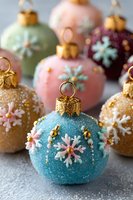 Colorful Christmas ornament balls with glitter and snowflake decorations in pastel blue, pink, green, gold, and burgundy tones for holiday decor.