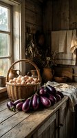 Rustic farmhouse kitchen with fresh eggplants and eggs in wicker basket on wooden table. Country cooking ingredients and clay pottery in cozy cottage interior.