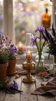 Vintage brass oil lamp glowing warmly beside potted lavender and purple iris flowers on rustic wooden table creating cozy home atmosphere for relaxation.