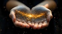 Cupped hands holding magical glowing golden light with sparkles and stardust against dark background, representing hope, spirituality and divine energy.