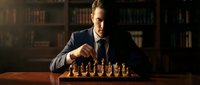 Focused businessman in suit playing chess in elegant library with wooden board and classic pieces for strategic thinking and intellectual pursuits.