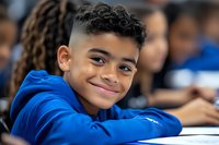 Happy mixed-race elementary school boy with curly hair smiling at camera in classroom wearing blue hoodie during learning activity with classmates in background.