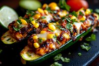 Grilled zucchini boats filled with seasoned meat, melted cheese, corn kernels and fresh herbs, garnished with lime wedges on dark background. Healthy low-carb meal.