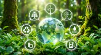 Green earth globe surrounded by renewable energy icons in lush forest setting with sunlight, representing sustainable technology and environmental conservation.