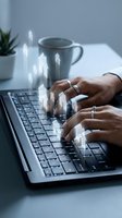 Hands typing on laptop with glowing upward arrows representing business growth, success metrics, and digital progress in modern workspace.