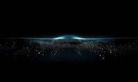 Abstract digital landscape with glowing blue light wave formation over dark horizon, illuminated dots and lines creating futuristic technology grid pattern.