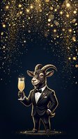 Anthropomorphic goat in formal tuxedo holding champagne glass against dark blue background with golden bokeh and sparkling particles, isolated on transparent background for celebration and festive design projects.