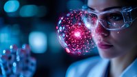 Young Asian female scientist observing glowing molecular structure through protective eyewear against blue bokeh background, representing advanced research in biotechnology.