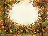 Autumn oak leaves and acorns frame a cream background, creating a seasonal border design suitable for fall invitations, greeting cards, and harvest-themed projects.