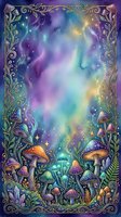 Enchanted forest mushrooms with glowing aurora lights and ornate botanical frame, featuring magical watercolor sky with purple, blue, and golden tones for fantasy art, book illustrations, and mystical designs.