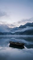 Wooden boat floating on calm lake with misty mountains at dawn creating peaceful reflection in still water for meditation and tranquility concepts.