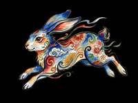 Decorative rabbit with ornate floral patterns and flowing ribbons in vibrant blue, red, and gold tones, isolated on transparent background. Ready for t-shirts, stickers, clipart, and print-on-demand designs.