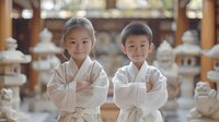 Young Asian children in white martial arts uniforms standing with crossed arms in traditional dojo setting with stone lanterns, expressing confidence and discipline in training.