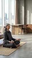 Middle-aged woman with gray hair meditating on yoga mat in modern apartment with city skyline view, mindfulness and wellness practice.
