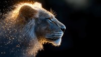 Majestic lion profile with glowing golden particles dispersing from mane against dark background, dramatic wildlife art portraying strength and power in nature.