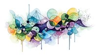 Abstract watercolor composition with overlapping circles and geometric shapes in vibrant colors with paint drips on white background for modern design.