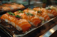 Fresh salmon nigiri sushi garnished with green onions and sauce on black serving plate, perfect for restaurant menu, food photography, and culinary advertising.