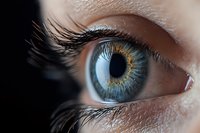 Extreme close up of striking blue and amber human eye with long eyelashes against dark background, showing intricate iris details and natural eye texture.