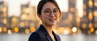 Professional Asian businesswoman with glasses smiling confidently at sunset in urban setting with bokeh city lights background for corporate presentations.