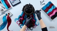 Stylist holding colorful hair extensions in blue and burgundy tones, arranging samples on white surface with color swatches and professional tools for salon consultation.