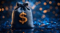 Money bag with golden dollar symbol on dark blue background with bokeh lights and glitter, dramatic financial concept for wealth and prosperity.